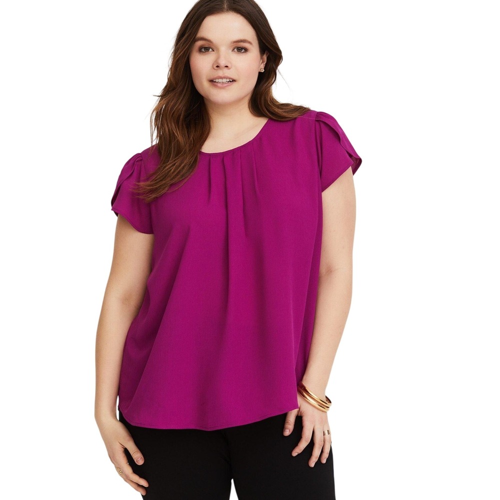 Torrid Plus Size 1X Top Purple Tulip Sleeve Bow Back Office Solid Flowy 393